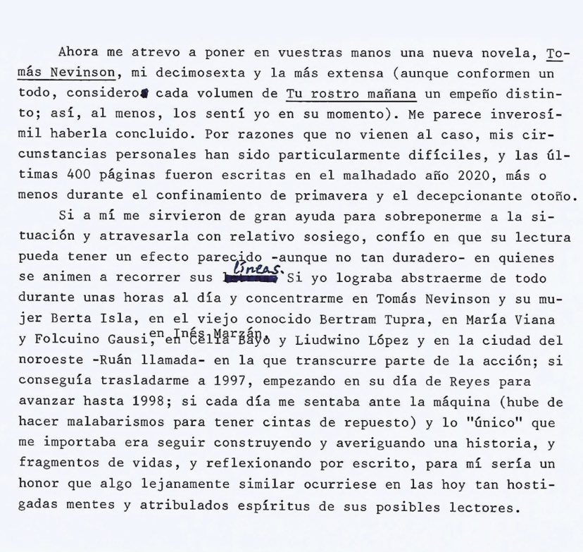 La carta escrita a máquina, como siempre y como todo, de Javier Marías, por la salida de Tomás Nevinson. Mañana en librerías.