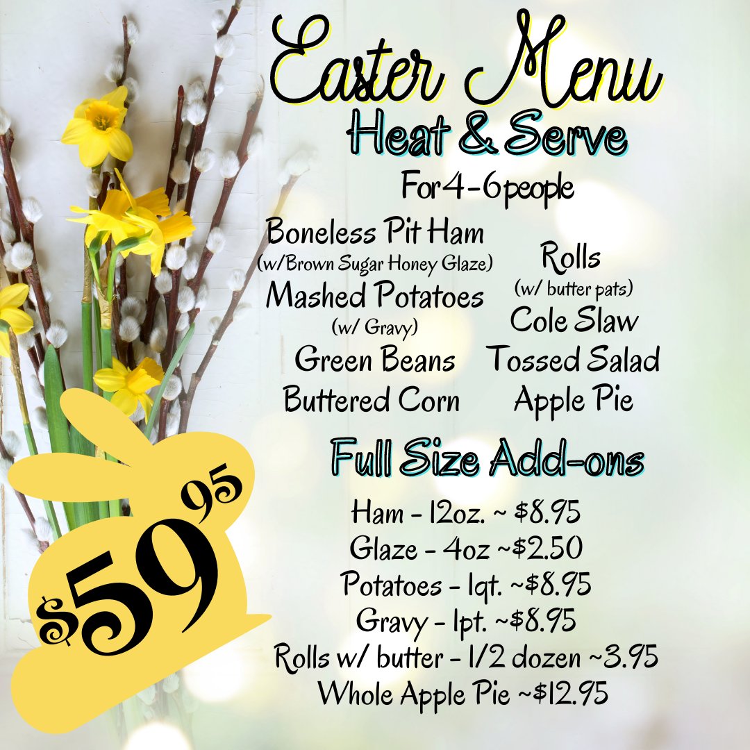 SbarCurly's tweet photo. If your hosting Easter this year bring our famous Easter buffet home!  Our heat &amp; serve family dinner, feeds up to 6 people w/ full-size Addons.  Let us do the cooking this year! Call to order 231-775-9947 or order online at https://t.co/T0GUUpSXzt https://t.co/wG5bxQNZO0