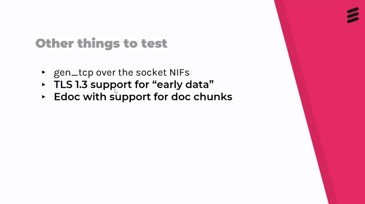 michalslaski's tweet image. Other things to test
* gen_tcp over the socket NIFs
* TLS 1.3 support for "early data"
* edoc with support for doc chunks
(4/5) #codeBEAMv