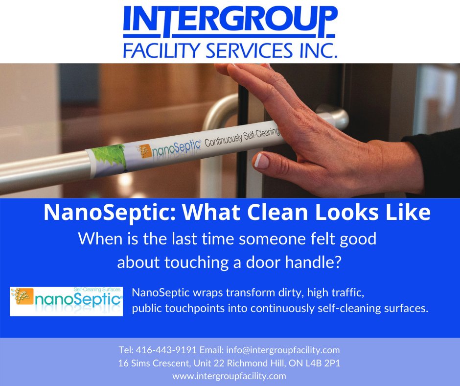 Inter_group's tweet photo. NanoSeptic wraps transform dirty, high traffic, public touchpoints into continuously self-cleaning surfaces.  These include door handles, elevator buttons, light switches, touchscreens, and much more.  Contact us for a quote today! #intergroupfacility #nanoseptic #selfcleaning https://t.co/QPcvV4Tgp6