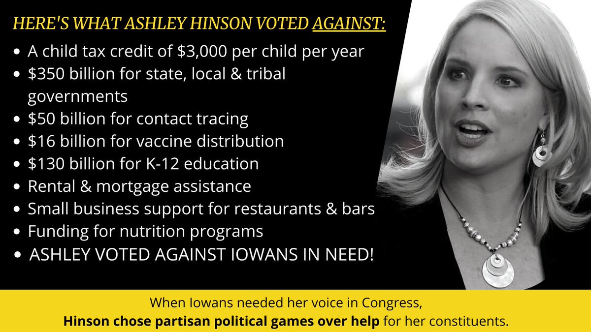 #IA01 has been hit by the pandemic & the #Derecho Families faced homelessness, food insecurity, & hardship. The #AmericanRescuePlan had the support of over %70 of Americans from ALL parties. 
.@RepAshleyHinson .@hinsonashley voted against helping YOU! 
Now in 2022 VOTE HER OUT! https://t.co/gKjyqrMzQX