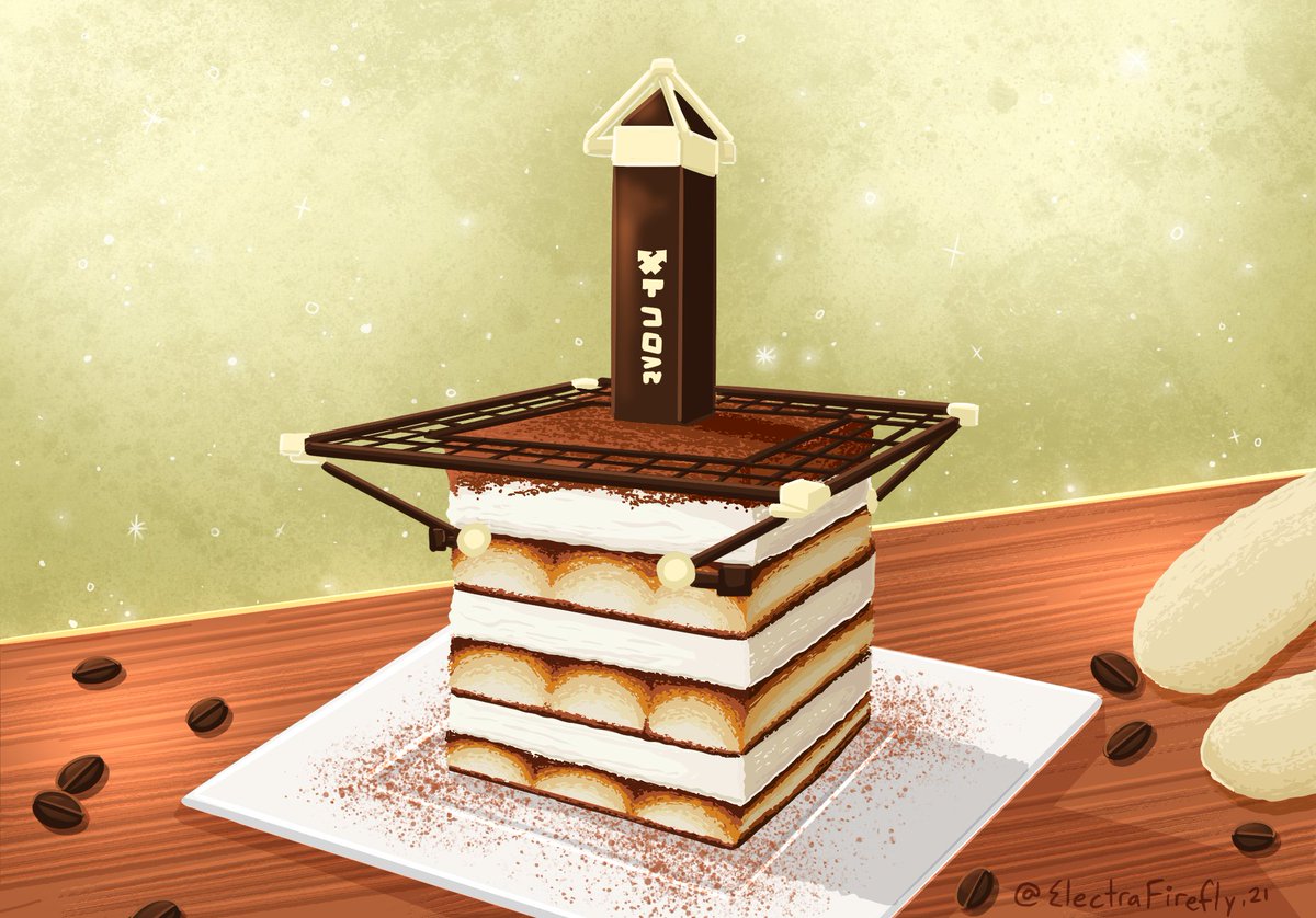 Towermisu ☕️🍰
Creamy mascarpone nestled between spongy coffee-dipped ladyfingers, sprinkled with a generous amount of cocoa and topped with a mocha-chocolate tower grate. 

#SplatCafe #Splatoon2 #スプラトゥーン2