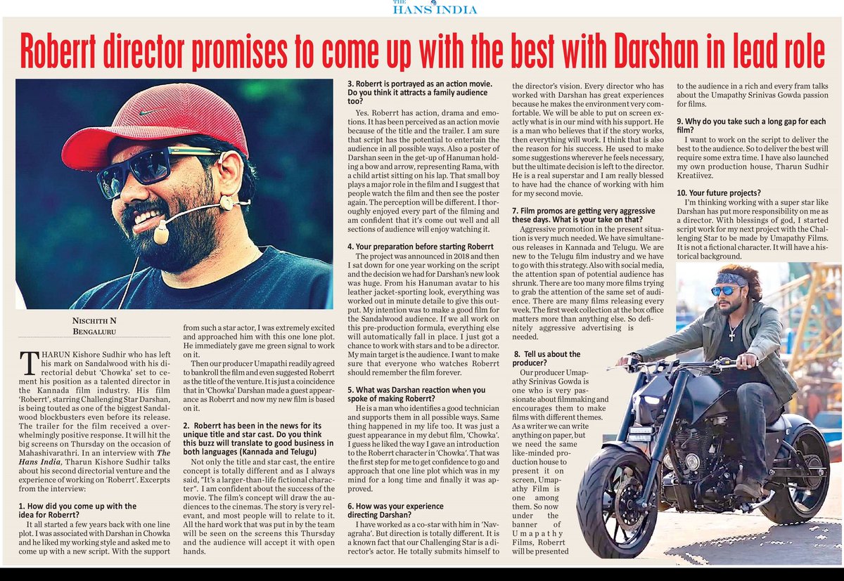 Nischith_N's tweet photo. @TheHansIndiaWeb Interview:
@TharunSudhir talks about #Roberrt
#ChallengingStar @dasadarshan is a director’s actor. He totally submits himself to the director’s vision. #RoberrtStromMarch11
#RoberrtDiaries #ChallengingStarDarshan #Darshan #DBoss
https://t.co/2KGrePntJ2 https://t.co/W4yGg1wx2g
