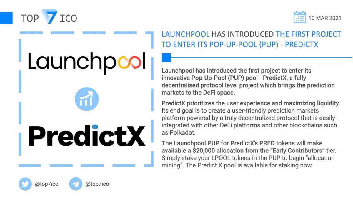 top7ico's tweet photo. Launchpool has introduced the first project to enter its Pop-Up-Pool (PUP) - PredictX

The @LaunchPoolXYZ PUP for @1predictx $PRED tokens will make available a $20,000 allocation from the “Early Contributors” tier.

👉 https://t.co/ukHuqrxbWO https://t.co/nES379SyRT