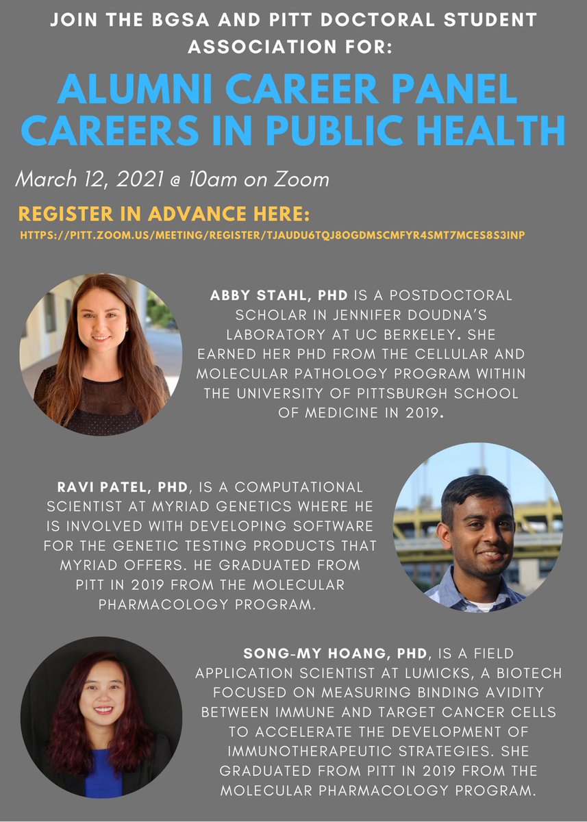 somgradpitt's tweet image. Join the BGSA &amp;amp; the Pitt Doctoral Student Association on 3/12 @ 10am for Alumni Career Panel – Careers in Public Health! The panel will feature 3 recent alumni from the School of Medicine PhD programs that have gone on to careers in industry, data science, &amp;amp; postdoctoral work.