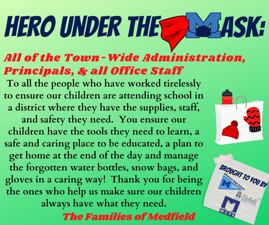 Medfield K-8 PTO (@medfieldk8pto) on Twitter photo Itโs Wednesday, so weโre giving you another ๐๐๐ง๐ค๐๐จ ๐๐ฃ๐๐๐ง ๐๐๐ ๐๐๐จ๐ to get over the hump! Thank you to our Administrators, Principals and Office Staff who have worked tirelessly to ensure our kids are well supported and kept safe! #HeroesUnderTheMask Itโs Wednesday, so weโre giving you another ๐๐๐ง๐ค๐๐จ ๐๐ฃ๐๐๐ง ๐๐๐ ๐๐๐จ๐ to get over the hump! Thank you to our Administrators, Principals and Office Staff who have worked tirelessly to ensure our kids are well supported and kept safe! #HeroesUnderTheMask