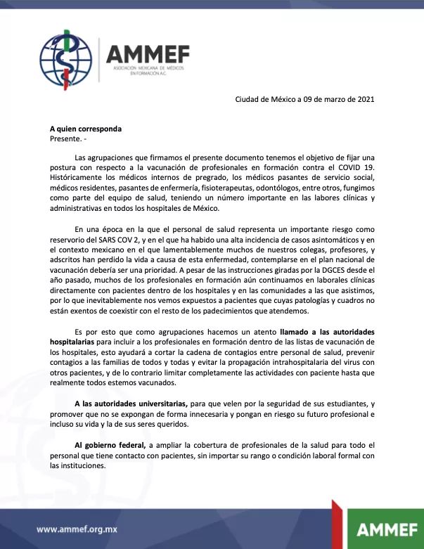 AMMEF_MEXICO's tweet photo. Hacemos un llamado a las instituciones de salud y educación para tomar en cuenta a los estudiantes de ciencias de la salud que se encuentran en hospitales y centros rurales dentro del listado de vacunas contra el SARS-Cov2. 

Los invitamos a difundir y hacer sus denuncias. https://t.co/jj8KEgHgN5