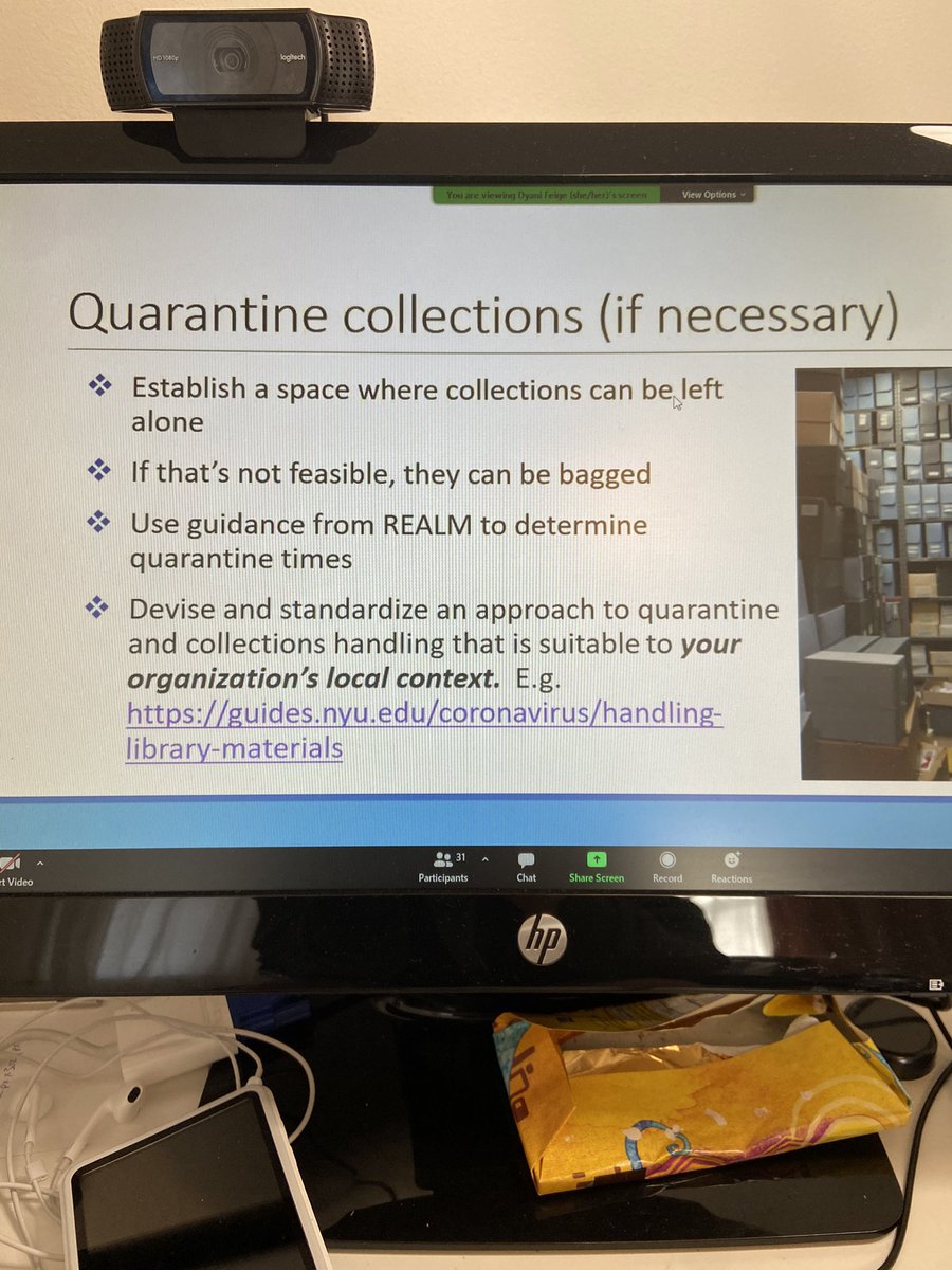 So cool to see our LibGuide on handing of library materials during COVID cited by <a href="/CCAHAconserve/">CCAHA</a> in their Incorporating Pandemic Preparedness in Institutional Emergency Plans webinar!  And yes I always keep a bar of chocolate under my monitor.