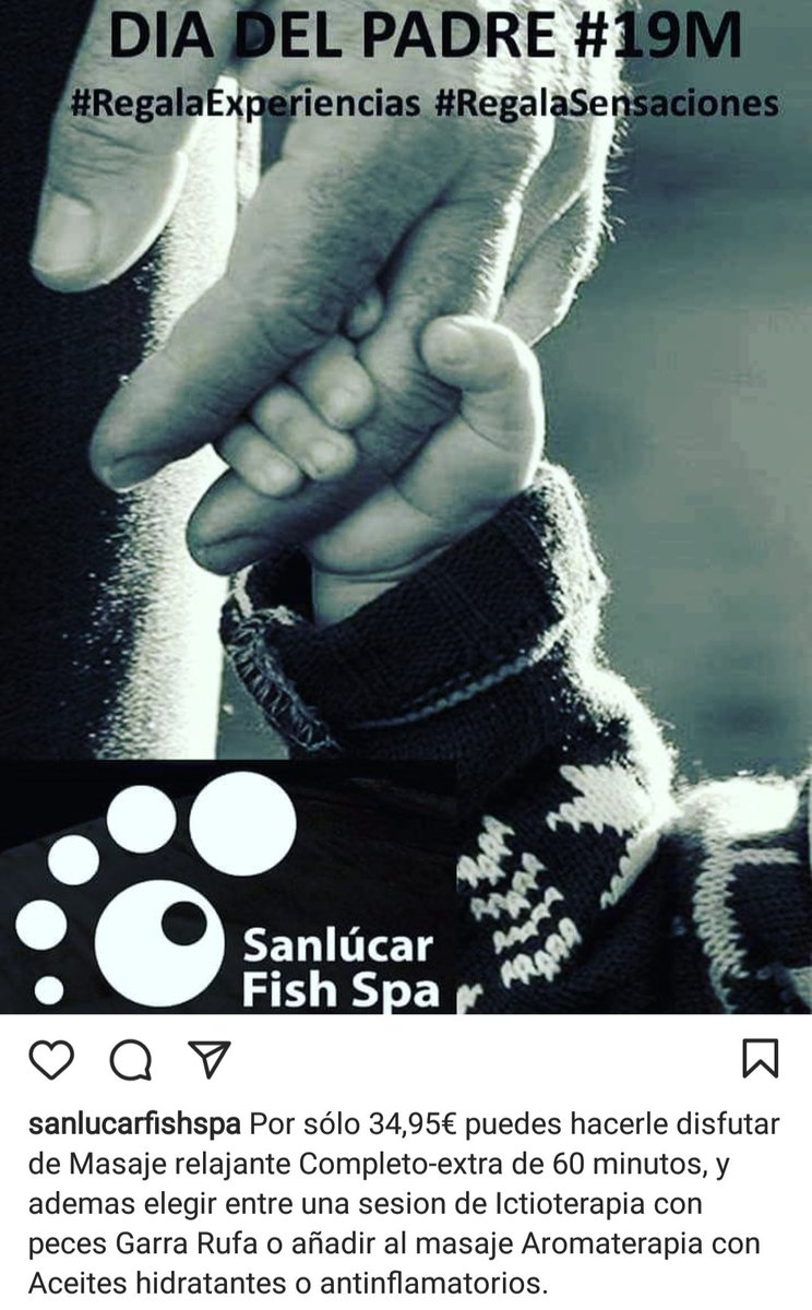 SanlucarFishSpa's tweet photo. *promocion especial y exclusiva disponible hasta el 19/03/2021
https://t.co/bomxZWMpIj
"Deja en nuestras manos tu sorpresa y regalo de tu Padre...cada día cuenta." #RegalaExperiencias #RegalaSensaciones

#Sanlúcarterapia...¿Comenzamos a Sentir?
https://t.co/iwJ3djzDA3 https://t.co/b1vzZ8lODp