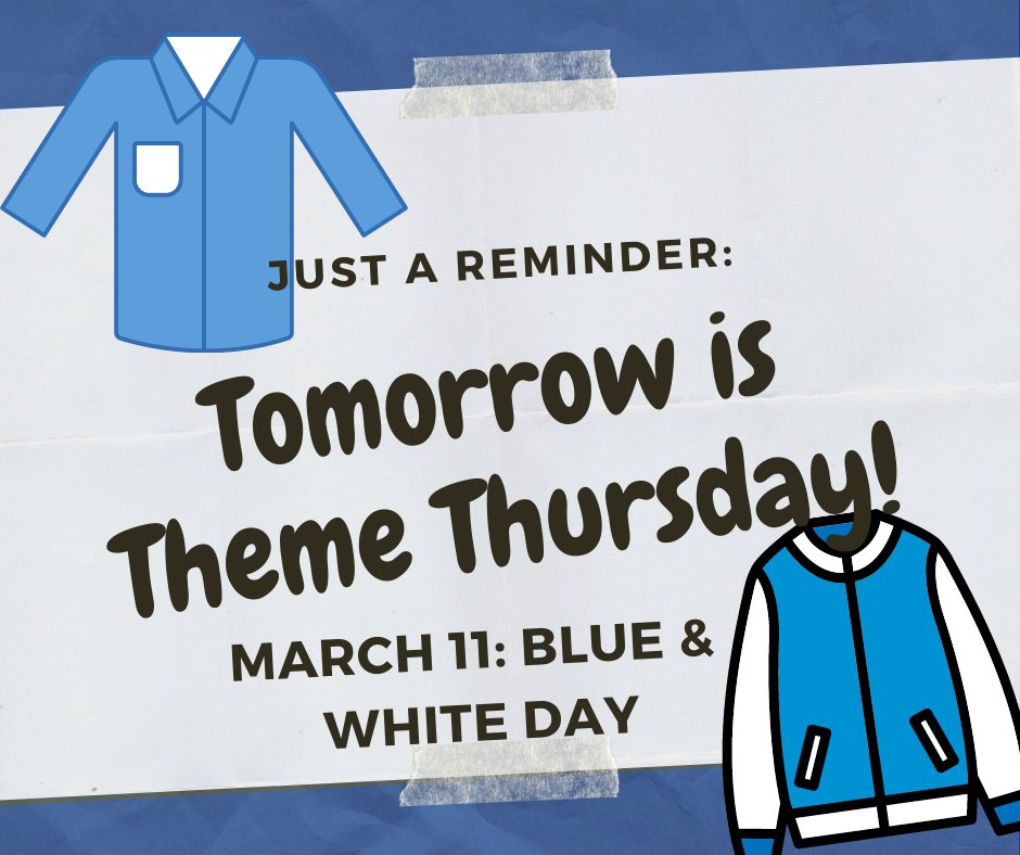 CEandSSchool's tweet image. Hey @CEandSSchool students and staff!  Don&apos;t forget to wear Blue and White tomorrow for #ThemeThursdays!! #ADSBLearns #takecareadsb