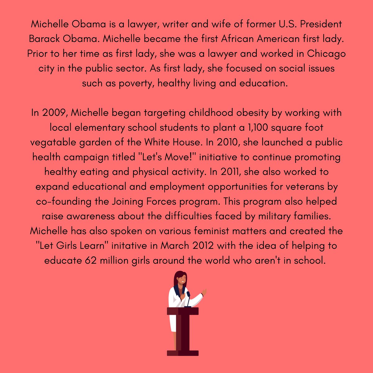 Michelle Obama chooses to challenge the education system, poverty and youths health. She is an advocate for poverty awareness, education, nutrition, physical activity, and healthy eating. #ChooseToChallenge #InternationalWomansDay #IWD2021