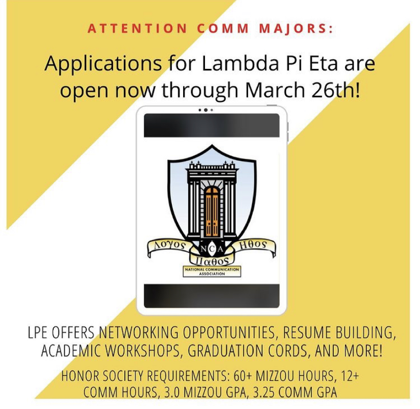 MizzouComm's tweet photo. Lambda Pi Eta is looking for new students to join! This is a great opportunity for comm students to connect with one another and be part of an awesome organization on campus!  #mizzou #communication https://t.co/VVVNLStWZe