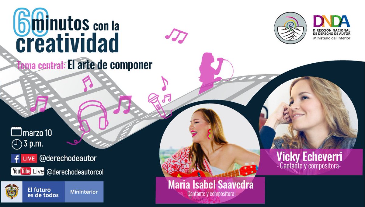 Derechodeautor's tweet photo. #AEstaHora inicia #60MtosConLaCreatividad, donde @CRomeroRomero2 conversará con las cantantes y compositoras @SaavedraMusic y @vickyecheverri sobre el arte de componer.

Clic aquí para ver: https://t.co/rlA3NKnEDK https://t.co/cc9jeSOC0m