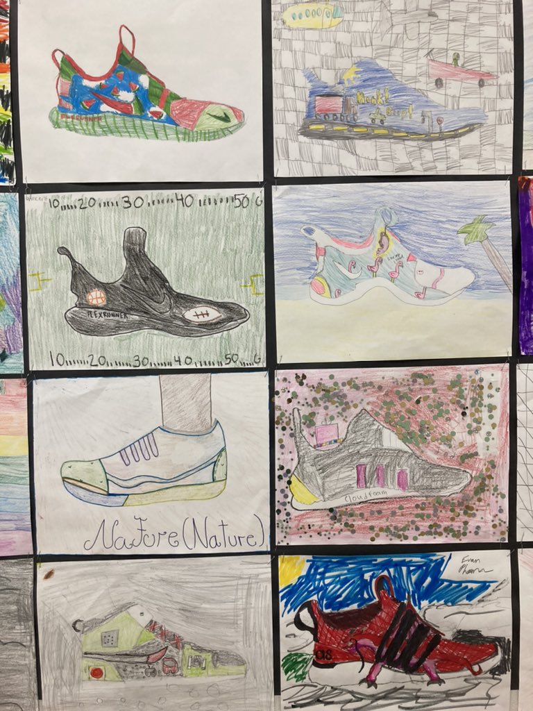 MybostonA's tweet photo. Sneaker Self Portraits!!! 
Our 3-5th grade @jses_stallions did an amazing job creating #sneaker self portraits. Each sneaker says so much about the student that created it! I LOVE seeing their personalities shine through. 🌞🌞
#fbisdvisualarts https://t.co/MfE2sCbHN4