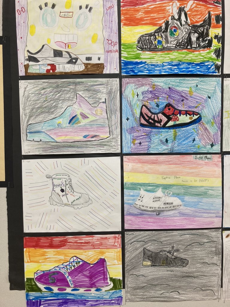 MybostonA's tweet photo. Sneaker Self Portraits!!! 
Our 3-5th grade @jses_stallions did an amazing job creating #sneaker self portraits. Each sneaker says so much about the student that created it! I LOVE seeing their personalities shine through. 🌞🌞
#fbisdvisualarts https://t.co/MfE2sCbHN4