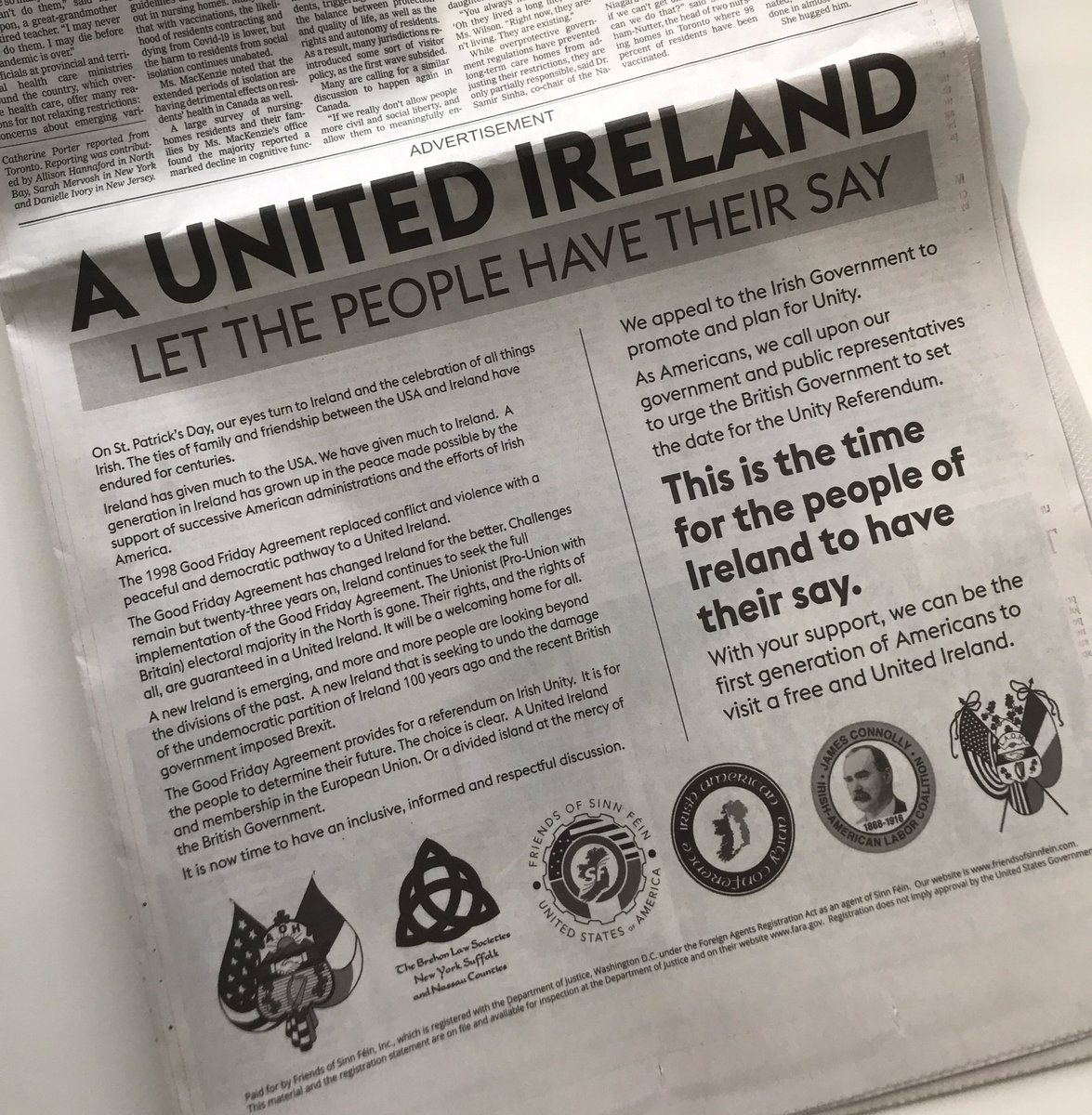 Today’s <a href="/nytimes/">The New York Times</a> featured a half-page add from Irish-American groups calling on the #Irish and #British governments to hold a referendum on Irish unification, highlighting that a United #Ireland would bring the whole island into the #EU