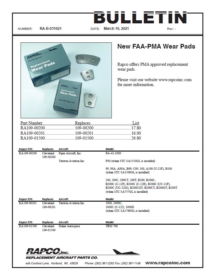 Rapco's tweet photo. As always, RAPCO is striving to be able to supply high quality parts at a substantial savings for you and your customer. Our newest addition is FAA-PMA Wear Pads that are applicable on a vast amount of aircraft. https://t.co/UVC3U8W3cX