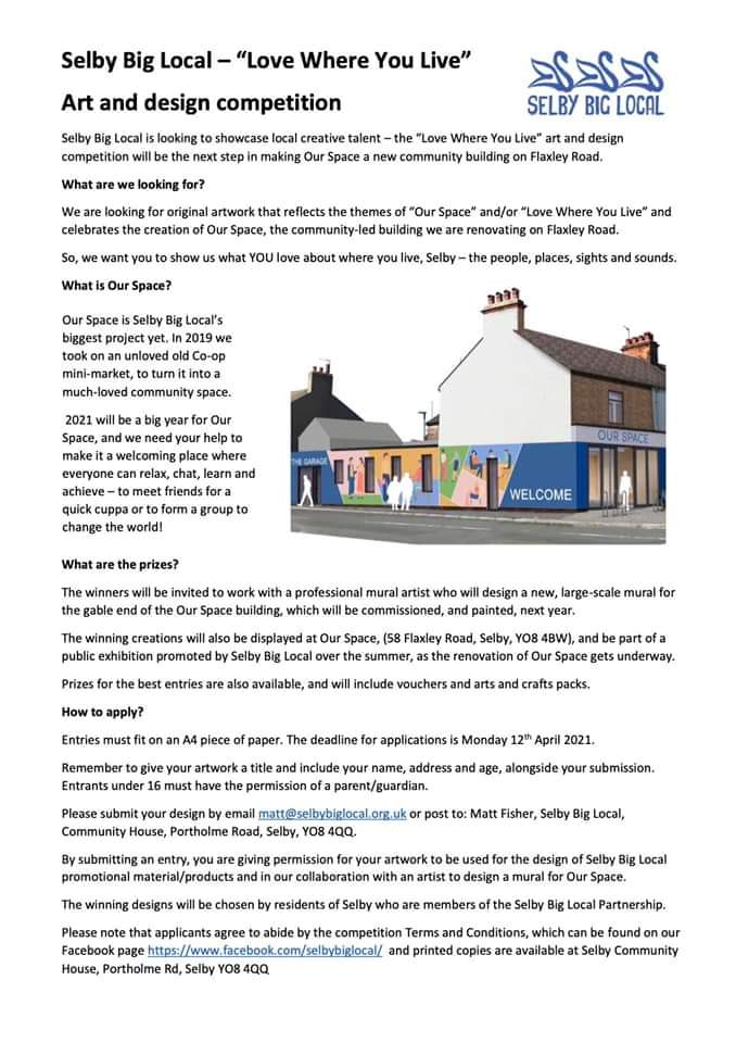 OurSpaceSelby's tweet photo. Just launched, 'Love Where You Live Art Competition - help us celebrate our community and the vision for Our Space, the new community building on Flaxley Road. Show us your creative flair! All details on Facebook @SelbyBigLocal. Please share @Selby_Times @SelbyCollege @SelbyCP https://t.co/iO8GWfrxxG