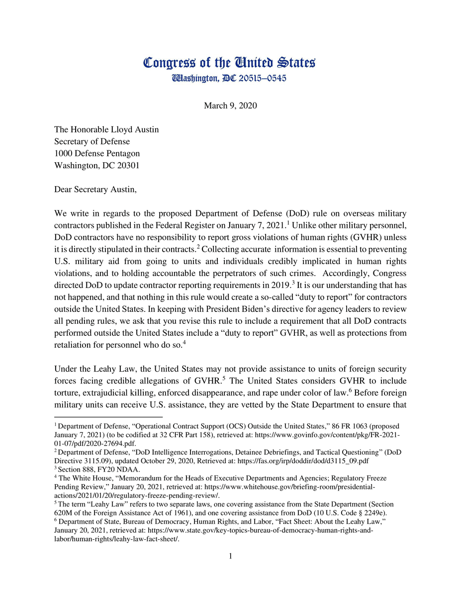 TeamKatiePorter's tweet photo. Right now, military contractors don't always have to report human rights violations—which lets bad actors get military aid and violates our values. @SenWarren, @SenatorLeahy, @RepJasonCrow and I are urging @SecDef to hold these companies accountable ⬇️ https://t.co/SyRoKYtrSi