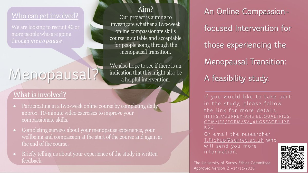 #Menopausal? Want to take part in Menopause research in the UK. I am trainee Clinical Psychologist at the University of Surrey running a two week online compassion skills course for the menopause. Click below to find out more!
surreyfahs.eu.qualtrics.com/jfe/form/SV_4H…