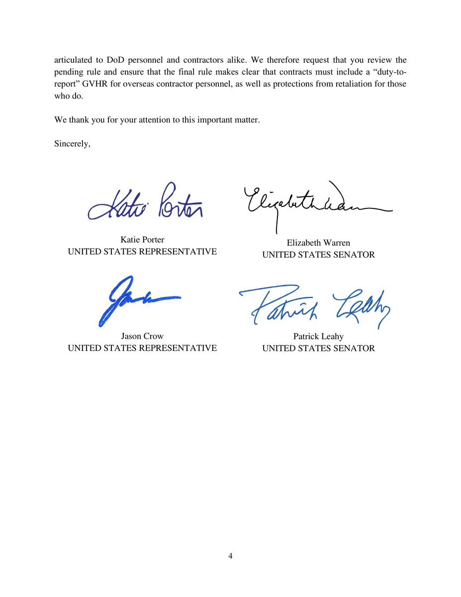 TeamKatiePorter's tweet photo. Right now, military contractors don't always have to report human rights violations—which lets bad actors get military aid and violates our values. @SenWarren, @SenatorLeahy, @RepJasonCrow and I are urging @SecDef to hold these companies accountable ⬇️ https://t.co/SyRoKYtrSi