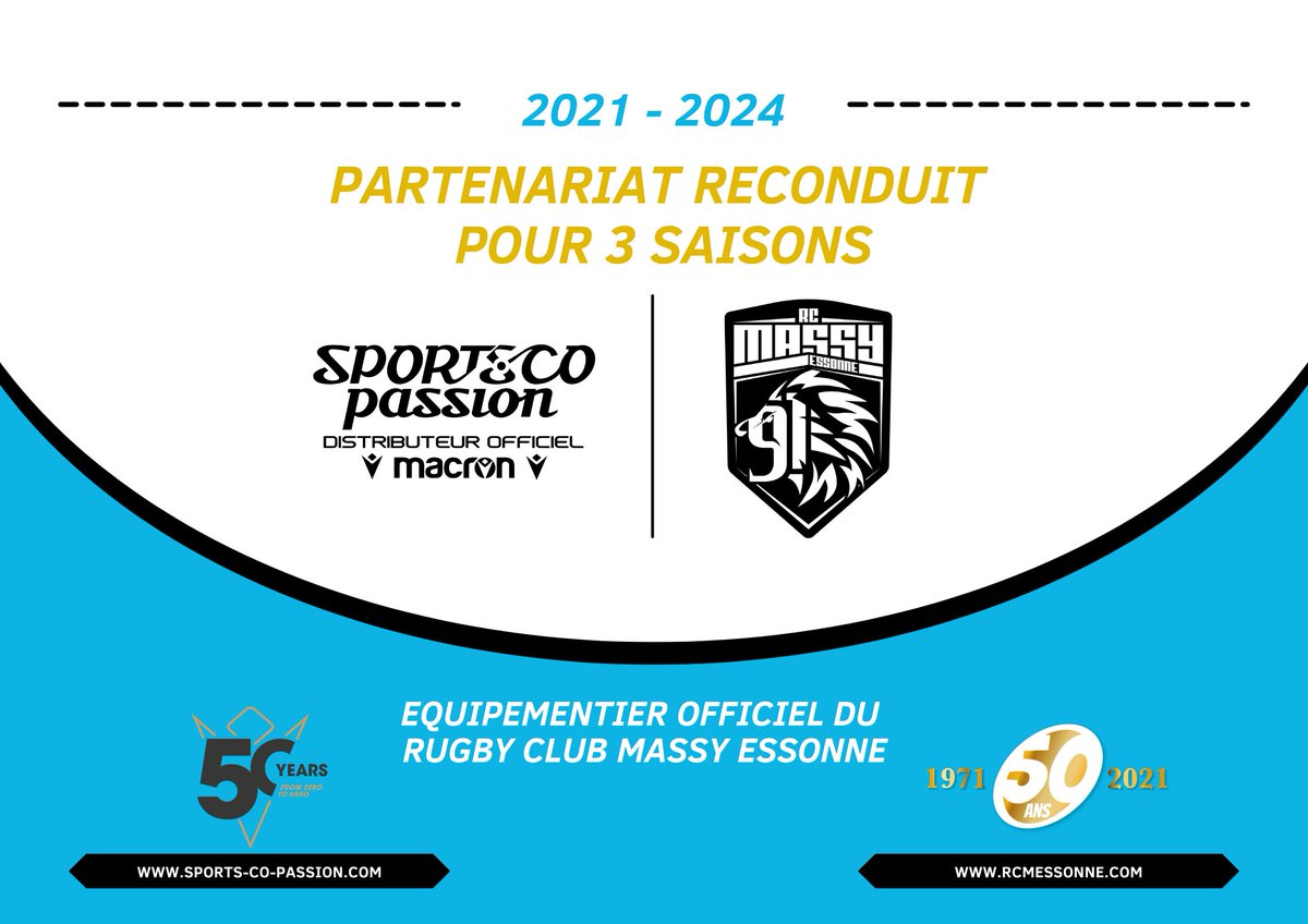 🚨Partenariat reconduit🚨🤝

Sports-co-Passion et le RCME ont le plaisir de vous annoncer qu’ils reconduisent pour 3 nouvelles saisons leur partenariat. 
Nous tenons à remercier le <a href="/RCME91/">Rugby Club Massy Essonne</a> pour sa confiance et que l’aventure continue. 🥳💙🤍

#SportsCopassion #RCME #Partenariat