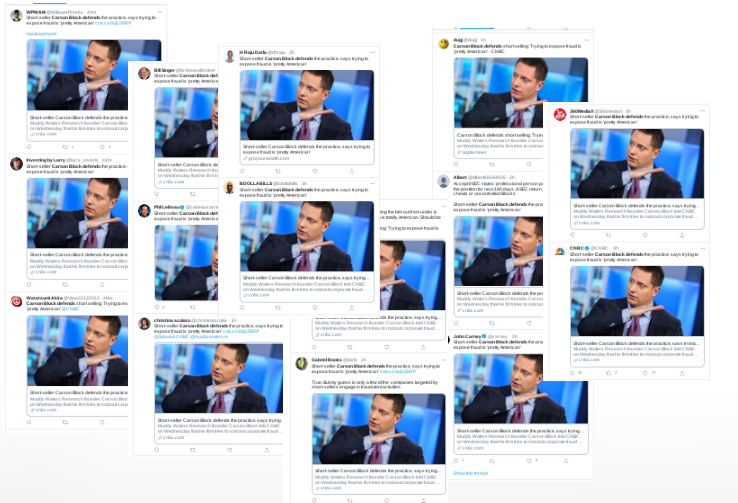 elizethlove70's tweet photo. @xdire_me @muddywatersre $XL so after trying to manipulate on @CNBC now #CarsonBlock is flooding social media with his laughable fake propaganda pieces !! These are all last 2-3 hours from "separate independent" accounts ?? HAHA ! https://t.co/eCNRO6fsoZ