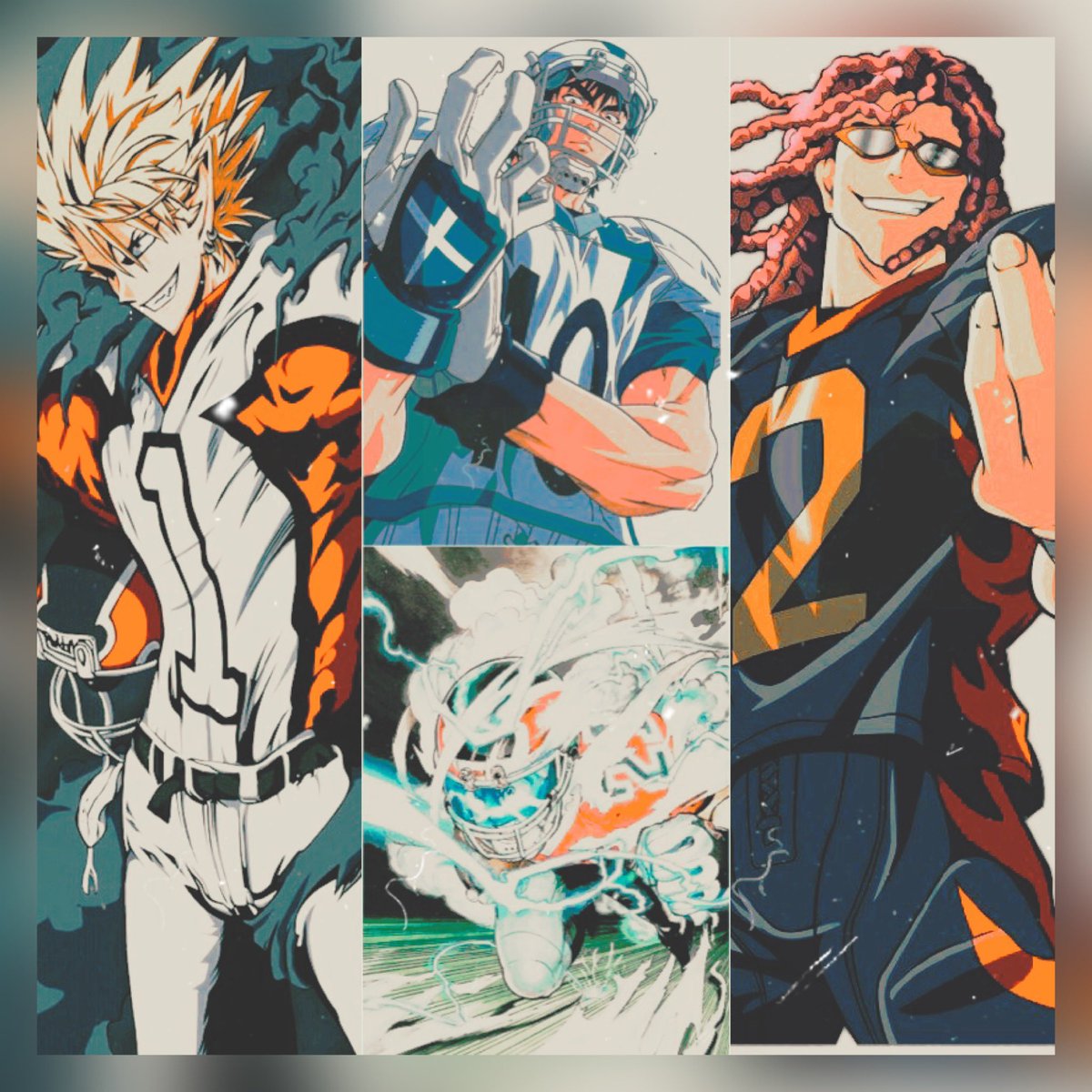fly_bizarre's tweet photo. Eyeshield 21 est un classique du manga/anime de sport, ceux qui l’ont toujours pas vu foncez voir ça même si l’animation a mal vieilli, rien que pour les 4 monstres présent sur cette image ! @ADNanime #Eyeshield21 #DevilBats #Hiruma #Senakobayakawa #anime https://t.co/oX3gKY8M0h