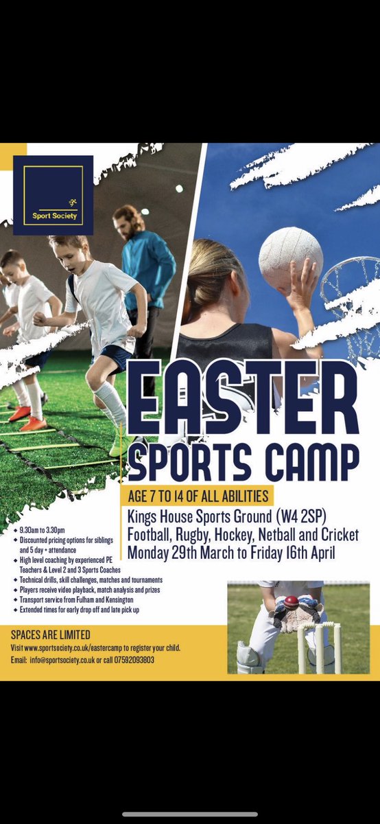 For any children aged 7 to 14 looking to keep active during the Easter Holidays do take a look at the poster below to sign up for #football #rugby #hockey #netball #cricket Limited Spaces remaining! #Sportscamp #Easterhols