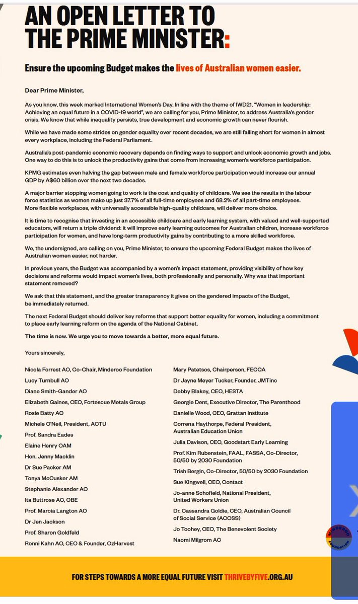 About to talk to @abcmelbourne about this open letter calling on the Prime Minister to prioritise women in the upcoming Federal Budget by Nicola Forrest & signed by many #crediblewomen