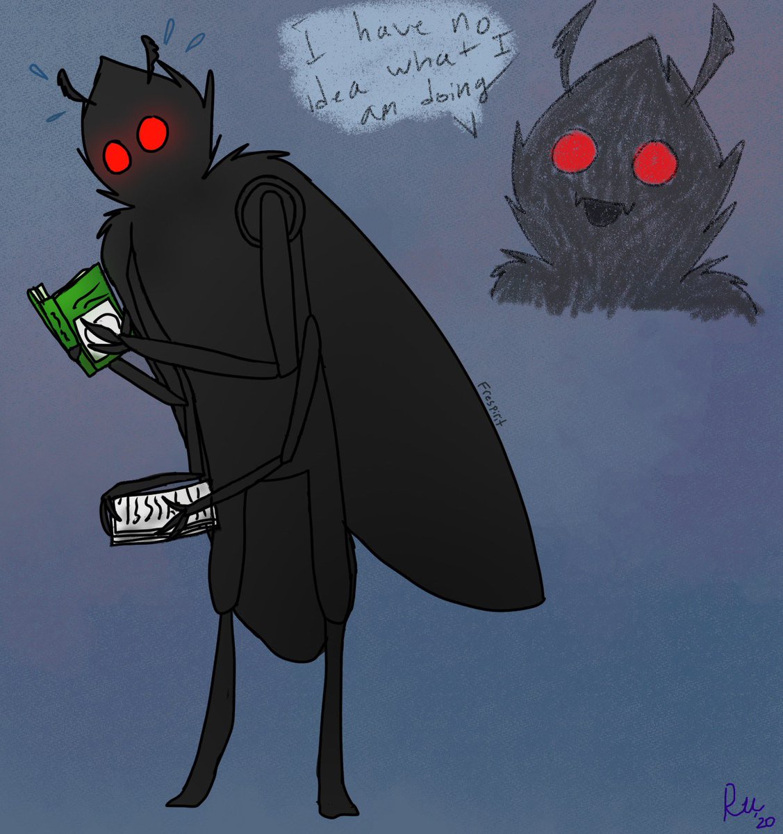 FrespiritArt's tweet photo. Hi I am so ready for this to tank but here: College Student Mothman.
He is the mascot for my dorm floor, since we hear footsteps on the roof all the time.
#mothman #cryptid #cryptidcuties #art #digitalart #CLIPSTUDIO #college #mascot #help #cryptidart #study #helpme #originalart https://t.co/DJMjra844u