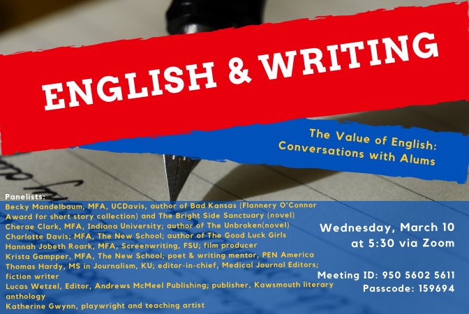 KUEnglish's tweet photo. Join us tonight for another great alumni session, this time with KUEnglish alumni who have pursued writing careers! https://t.co/bOUjpmEnUF passcode 159694 #whyenglishwednesday @UnivOfKansas @KUCollege @KUHonors @kucareer https://t.co/WC6KPaNGZl