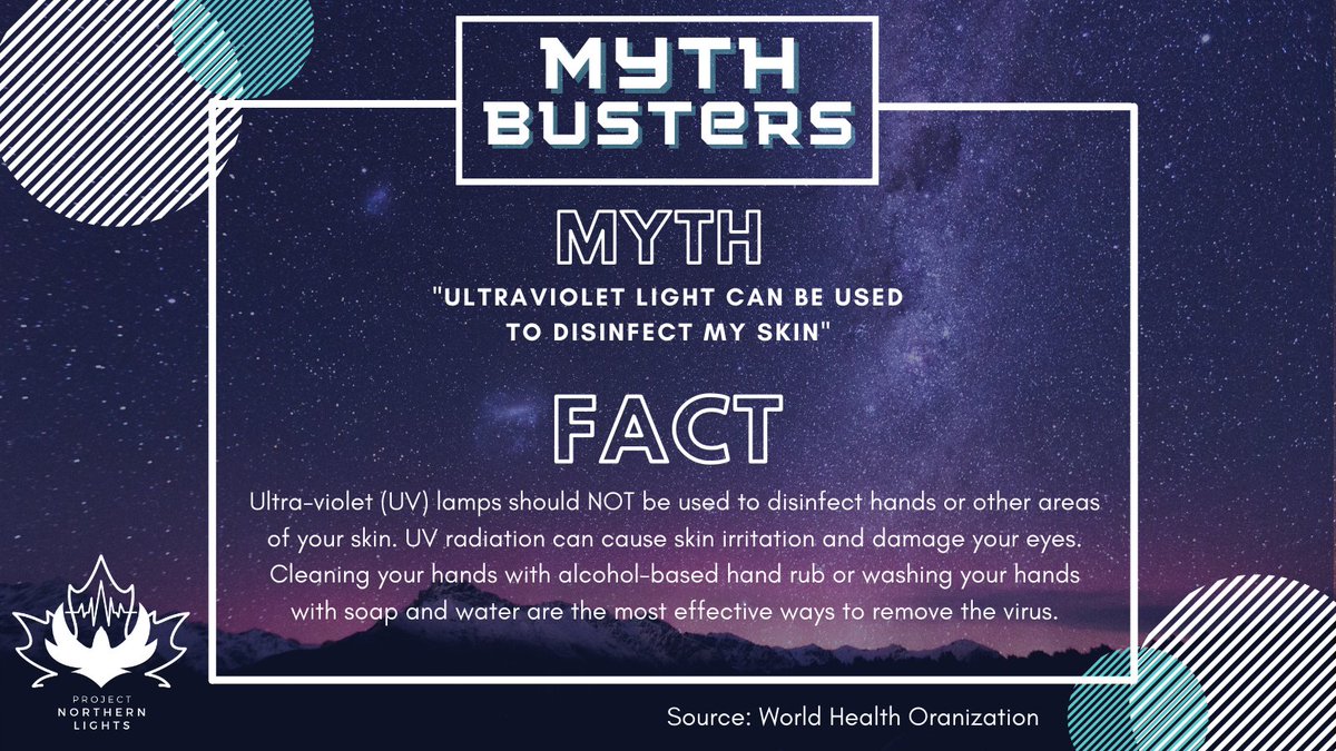 NorthrnLightsCA's tweet photo. Our #COVID Myth Busters series continues!
UV Light — a sanitizing solution or a damaging approach?

#PNLMythBusters #ProjectNorthernLights #COVIDMyths https://t.co/wxPfY71di4