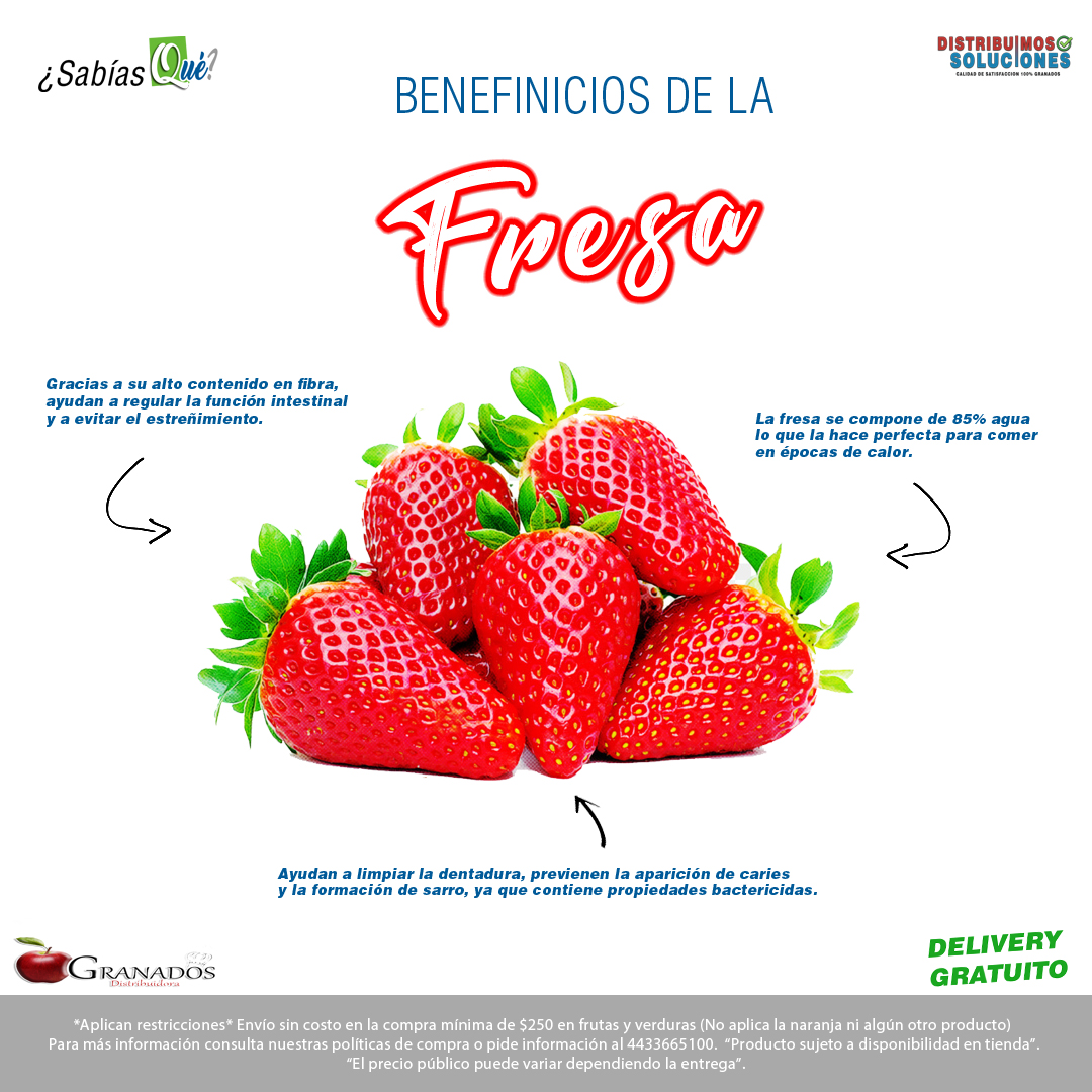 La fresa es deliciosa y refrescante, además tiene muchas propiedades para la salud:

#DistribuidoraGranados