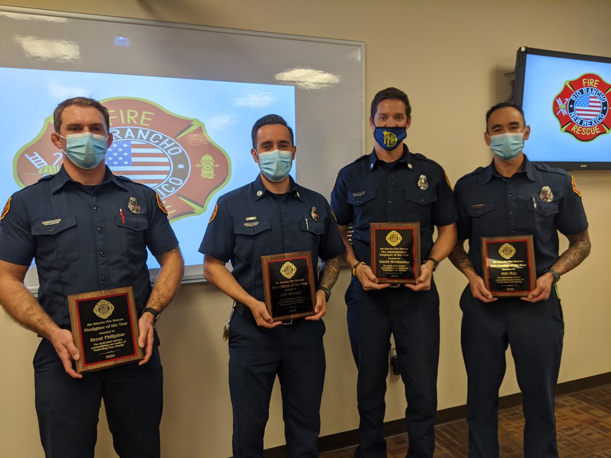 RRFR recognized our annual award winners during a small-virtual ceremony.  The recipients of the 2020 awards are, from left: Firefighter, FF Brent  Philipbar; Fire Officer, Cpt. Jeff Wenzel; Admin Staff, Cpt. Dave