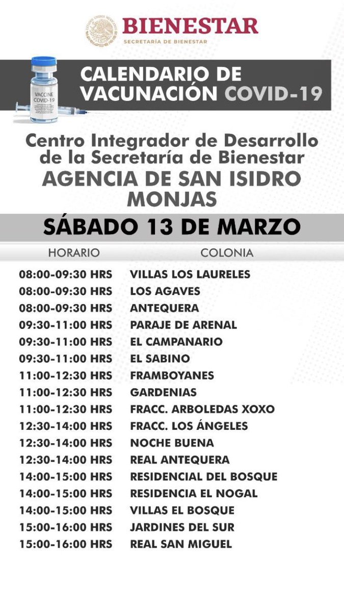Compartimos los horarios de vacunación a colonias, barrios y fraccionamientos en el Centro Integrador de San Isidro Monjas programados por la Secretaría de Bienestar del Gobierno Federal.