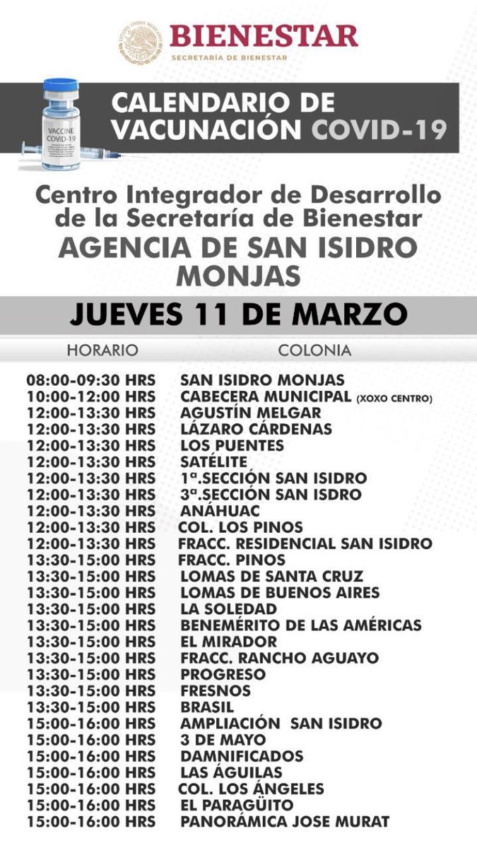 Alejandro_ALJ's tweet photo. Compartimos los horarios de vacunación a colonias, barrios y fraccionamientos en el Centro Integrador de San Isidro Monjas programados por la Secretaría de Bienestar del Gobierno Federal. https://t.co/cCi6WpXhGs
