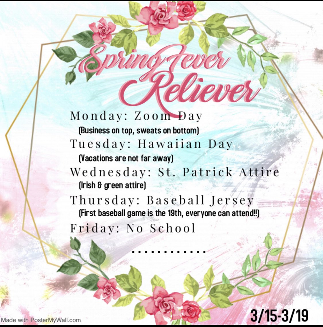 lafstuco's tweet photo. March 15-19 
       Spring Fever Reliever week! https://t.co/VXzzqBLFLR