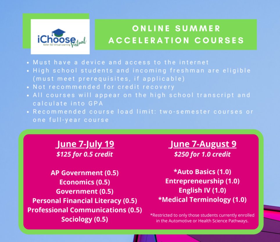 Registration is open for our summer virtual classes <a href="/KellerISD/">Keller Schools</a>. Register on the web store.