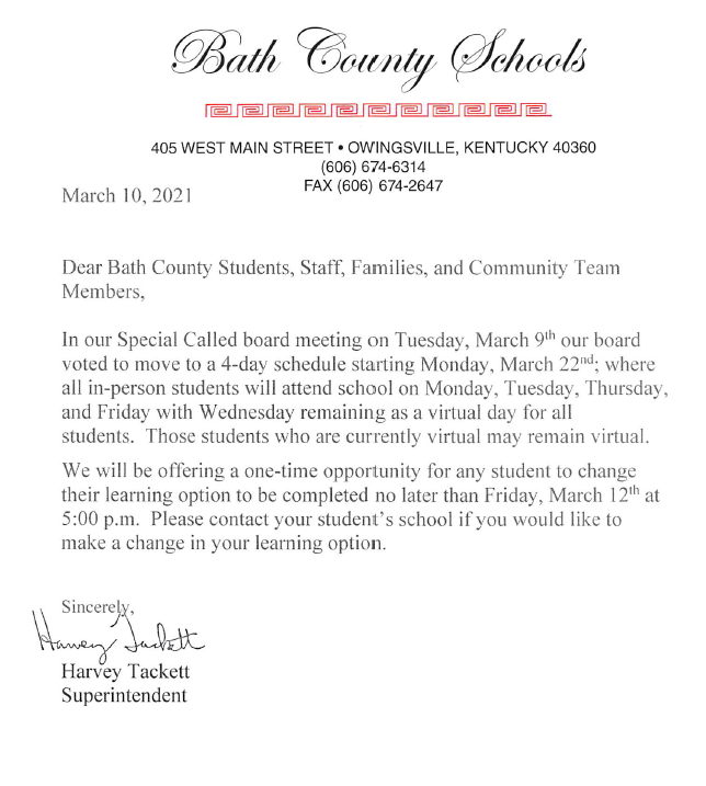Message from Superintendent, Harvey Tackett.