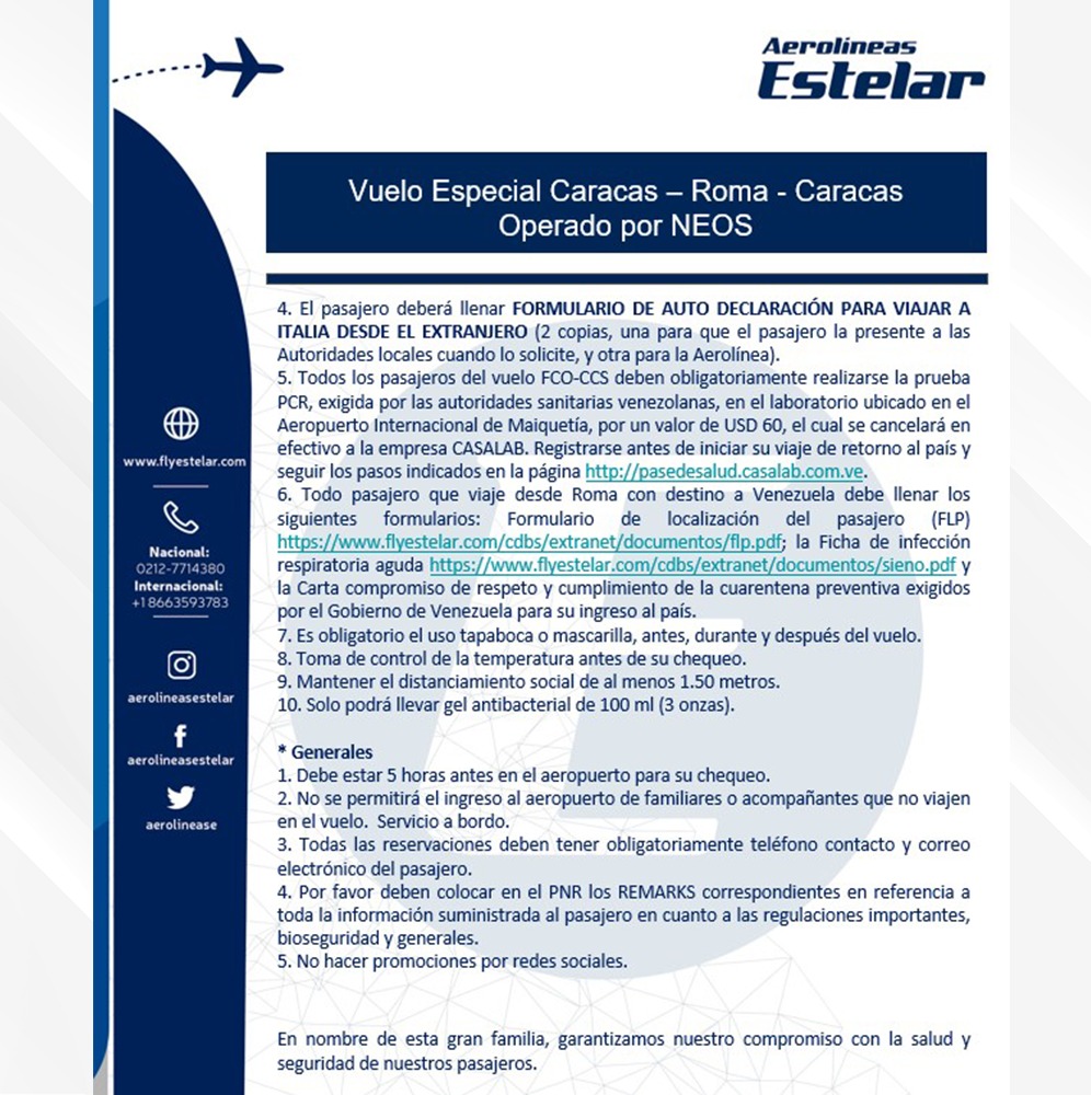 #10Mar #Importante La aerolínea Estelar realizará vuelos de repatriación Caracas-Roma-Caracas los días 25 y 26 de marzo- 10 y 11 de abril