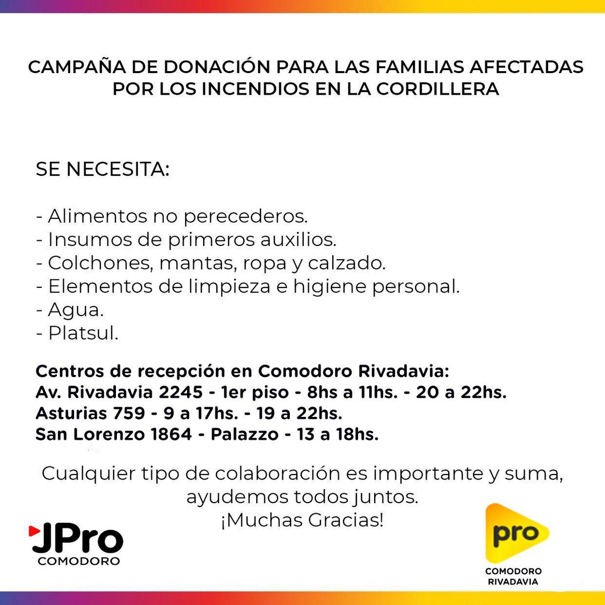 proargentina's tweet photo. Ayudemos a las familias afectadas por los incendios en la Cordillera. 

En Chubut, acercate a cualquiera de estos puntos con tu donación. https://t.co/KyMwIeWmOp
