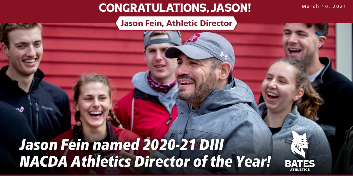 BatesSports's tweet photo. Congratulations to our own Jason Fein (@BatesCollegeAD) for winning his second @NACDA Athletic Director of the Year Award! 
https://t.co/Aaq6gFPLXt
#GoBates #mesports #nacda https://t.co/VOyNjRWBRL