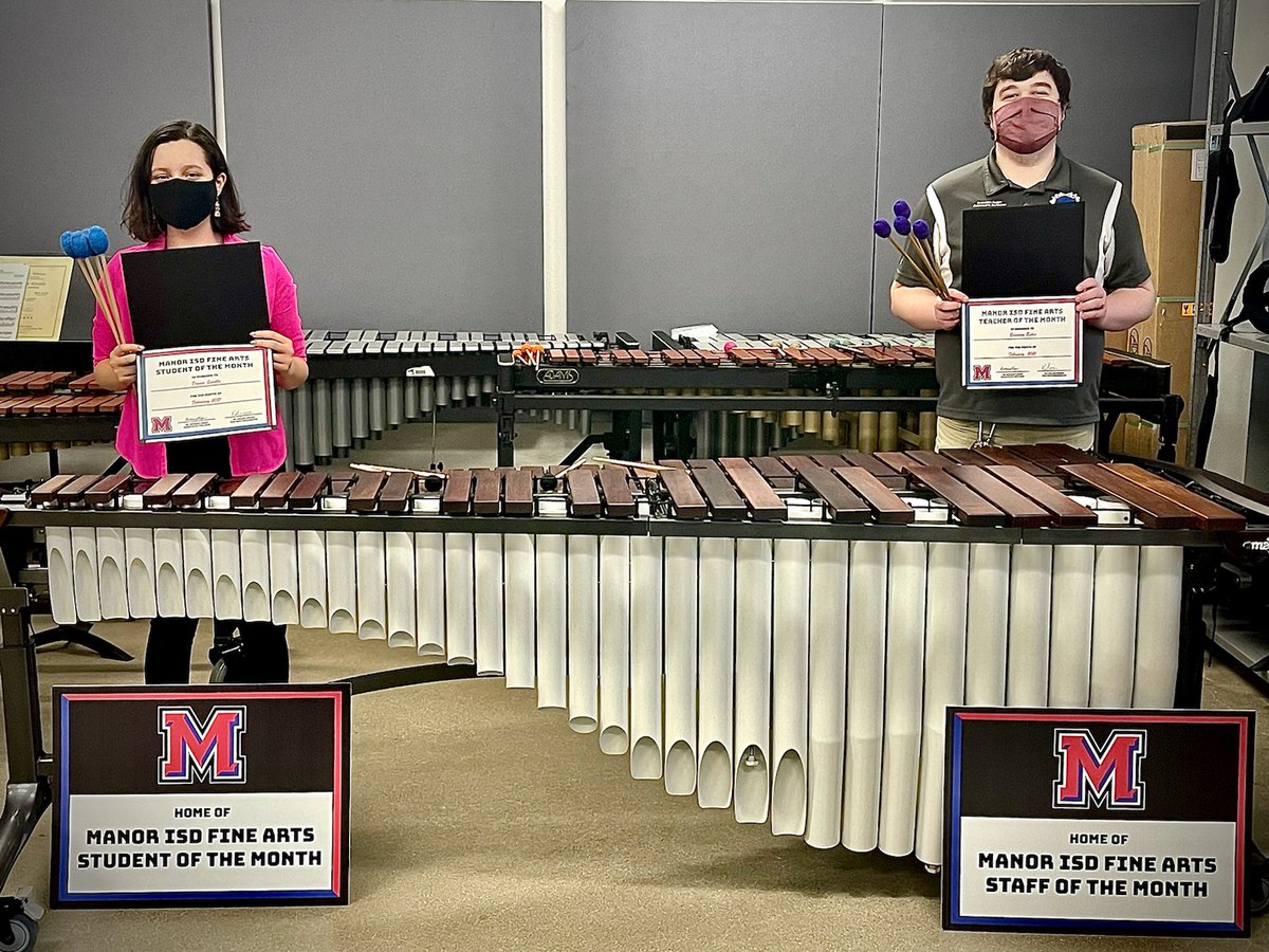 Congratulations to our Fine Arts Student of the Month Danae Sevilla and Fine Arts Teacher of the Month Brandon Baker- Both from MNTHS band! @MNTHS @TitanRegiment1 #scholarsfirst #bandlife @ManorISD @SpencerAndreD @funkdaddytweet