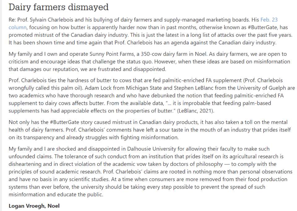 NS farmer hits back at #buttergate. From the Chronicle Herald newspaper Voice of the People section.
