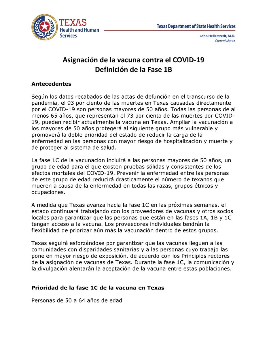 Great news! Starting on Monday, March 15, Texans aged 50 and older will now be eligible to receive the COVID-19 vaccine. #txlege

Learn more about Phase 1C here: dshs.texas.gov/coronavirus/im…