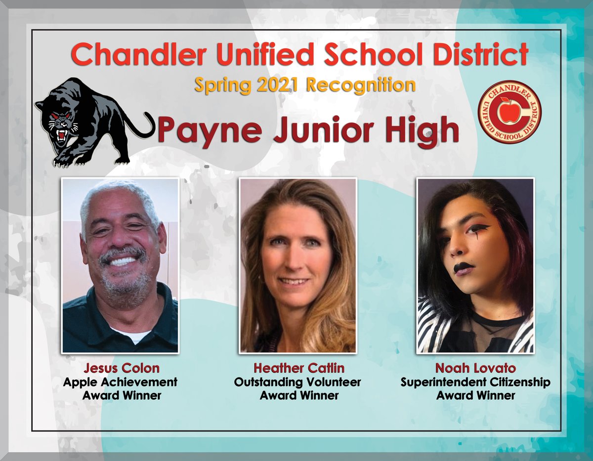 Chandler Unified School District (@chandlerunified) on Twitter photo District Recognition School Spotlight: <a href="/Payne_Jr_High/">PayneJrHigh</a> custodial manager Jesus Colon won the Apple Achievement Award, Heather Catlin was named the Outstanding Volunteer, and eighth grader Noah Lovato is the Superintendent Citizenship winner. #CUSDStory District Recognition School Spotlight: <a href="/Payne_Jr_High/">PayneJrHigh</a> custodial manager Jesus Colon won the Apple Achievement Award, Heather Catlin was named the Outstanding Volunteer, and eighth grader Noah Lovato is the Superintendent Citizenship winner. #CUSDStory
