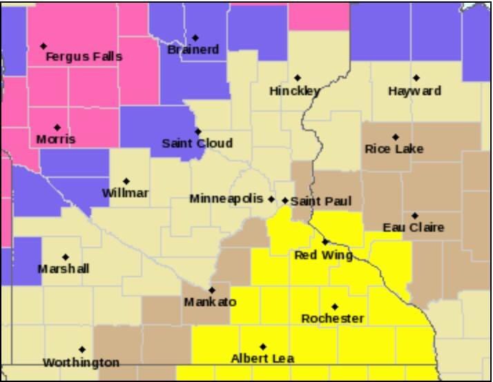In this map- tornado watch-winter weather advisory and winter storm warning and a bunch of fun colors all in the same view. March in Minnesota! #mnwx https://t.co/41yweCrPZY