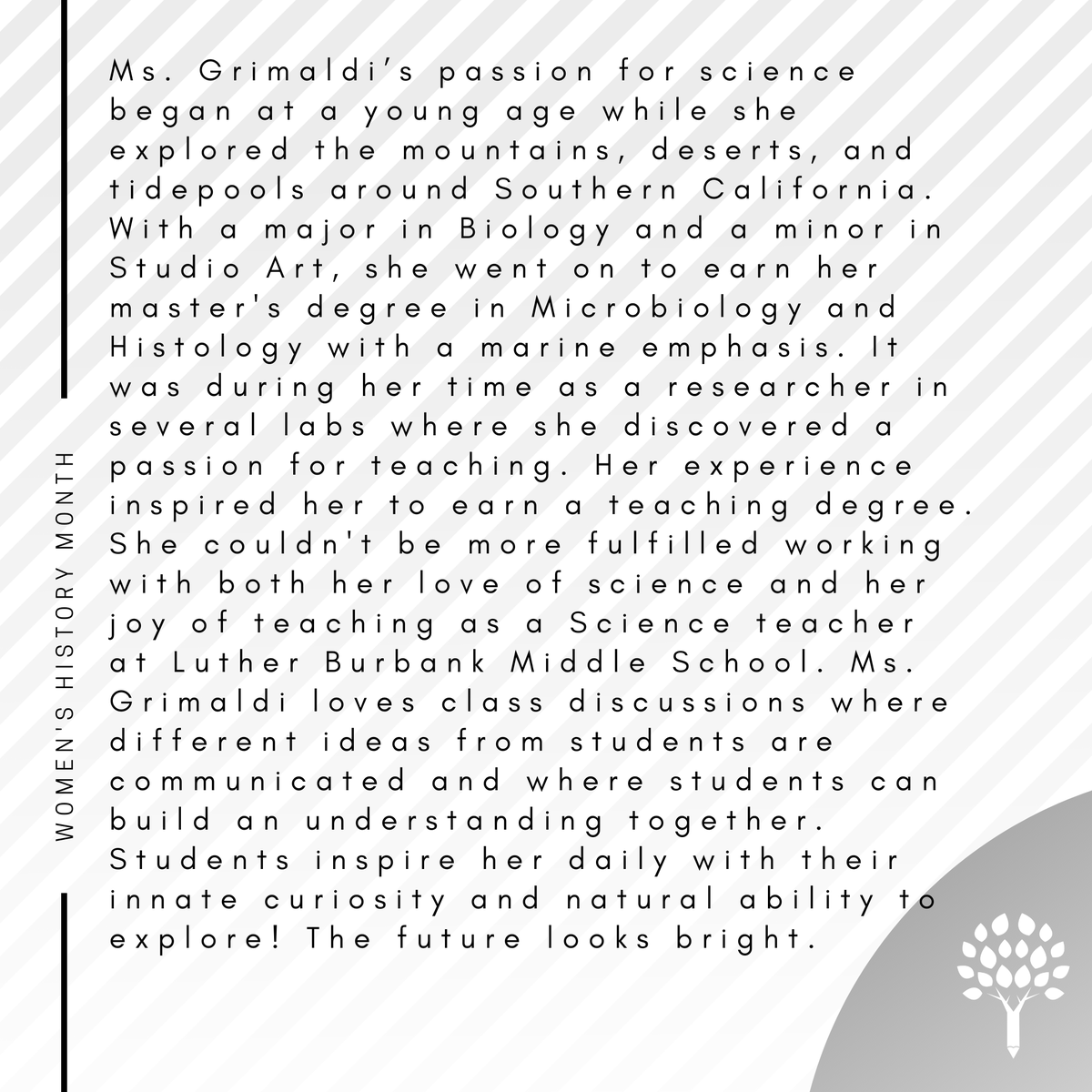 BurbankArtEd's tweet photo. Ms. Grimaldi's passion for science began while exploring the tidepools around SoCal as a child. She currently teaches Science at Luther Burbank Middle School and shares that her students inspire her daily with their curiosity and natural ability to explore! #WomensHistoryMonth https://t.co/d61b9O1VPN