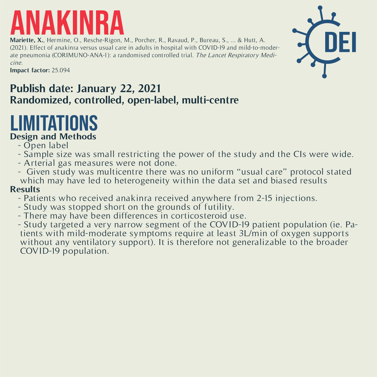 Covid19_DEI's tweet image. Our PICO, appraisal, and limitations for this trial looking at #anakinra with usual care vs. usual care for #COVID19 treatment.

#RCT #MedTwitter #TwitteRx #clinicatrial #NurseTwitter #IDtwitter #pharmacyschool #pharmacystudent #medschool #evidencebasedmedicine #CovidRx